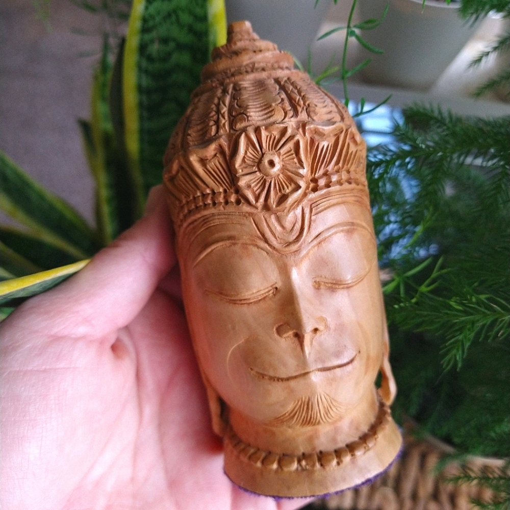 Hand Carved Asian Buddha Head Sculpture Trinket